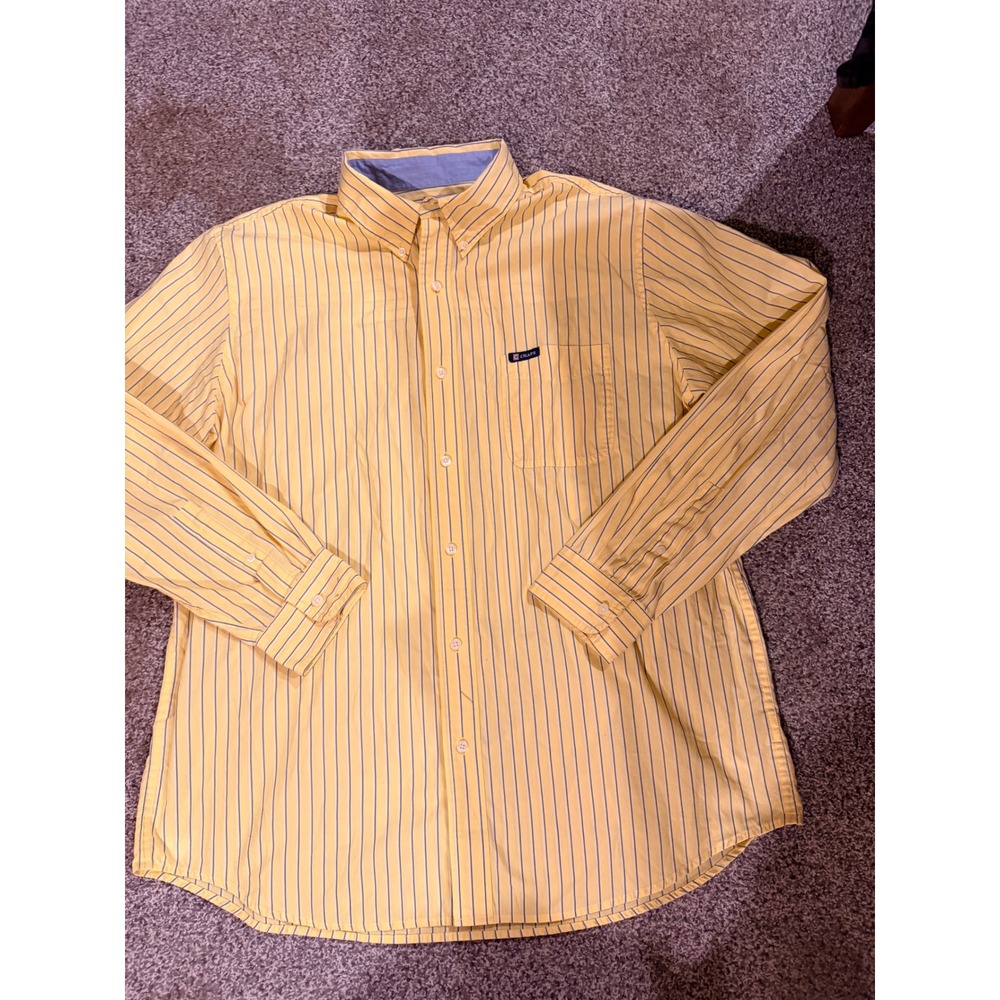 Chaps Mens XL Easy Care Button Down Shirt Yellow Blue Striped Long Sleeve Pocket